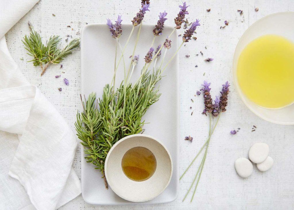 a spa treatment of oils and soaps with fresh lavendar